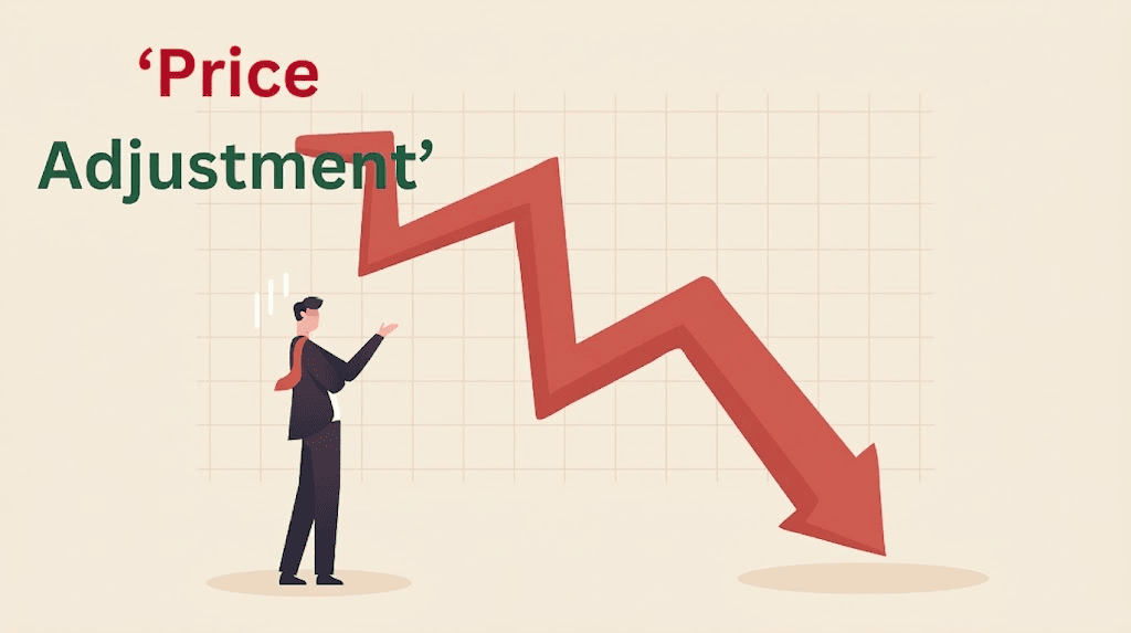 Illustration showing a businessman looking up at a sharp downward-trending red arrow on a grid chart, with text reading 'Price Adjustment'