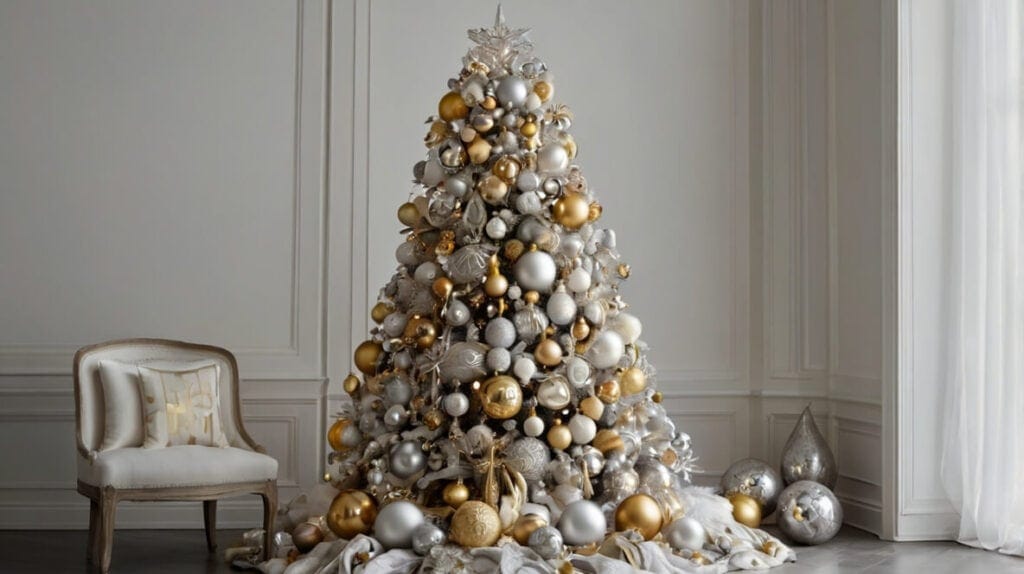 Christmas 2024 Color Trends For Your Home - a Christmas tree adorned with ornaments, in silver and gold set amidst fur stockings and metallic candle holders.