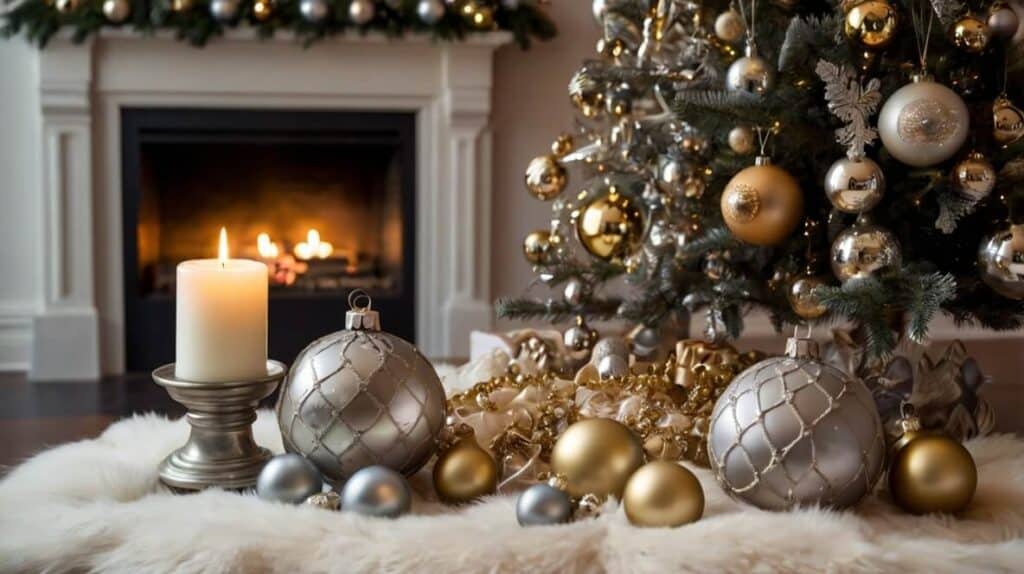 a Christmas tree adorned with ornaments, in silver and gold set amidst fur stockings and metallic candle holders.