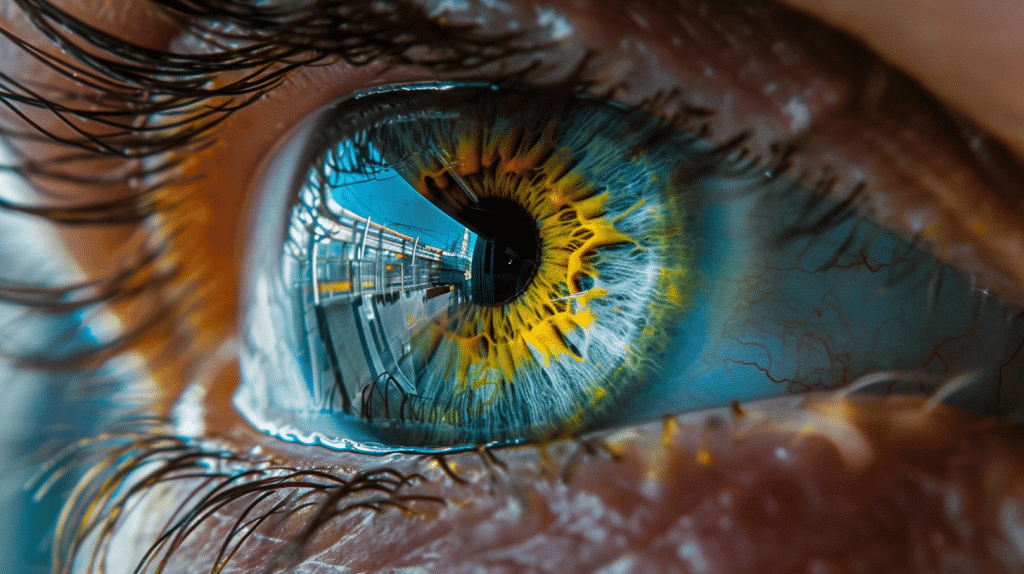 un oeil qui relfète un immeuble