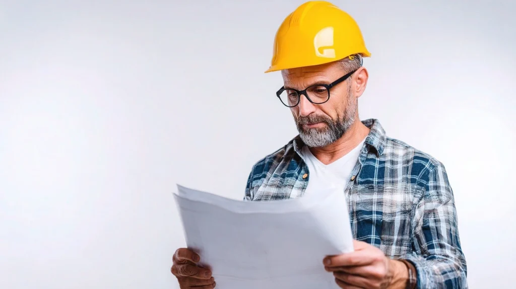 A man in a hard hat and glasses stands holding a piece of paper, appearing to review important information.