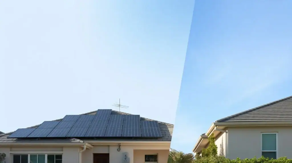 Residential home with rooftop solar panels showing energy savings and utility comparison, explaining is net metering worth it in the USA?
