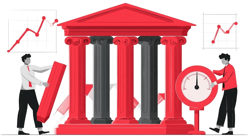 Illustration of financial stability featuring a bank building, financial charts, and people monitoring and supporting the institution’s performance.