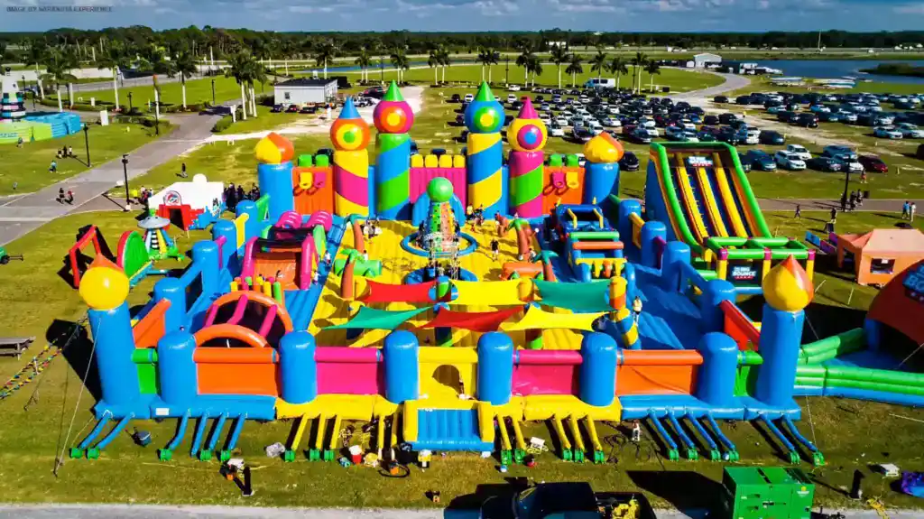 Bright inflatable bounce house with slides and obstacles for kids' entertainment.