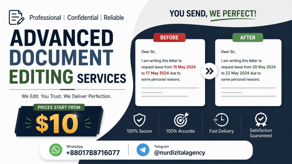 Advanced document editing services with pixel-perfect Photoshop editing for scanned PDFs, images, invoices, contracts, resumes, and business documents.