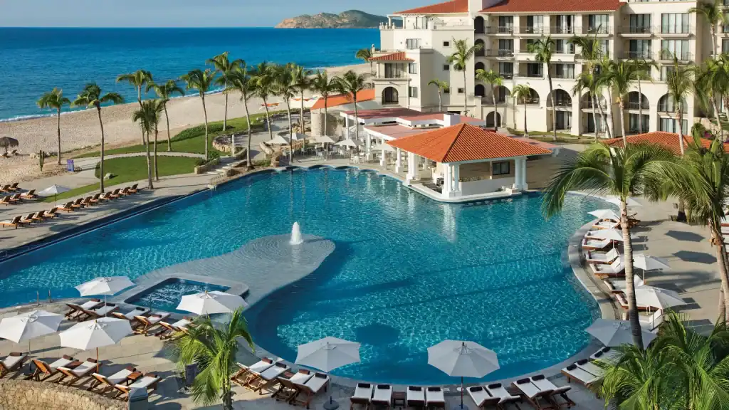 Luxurious beachfront resort swimming pool with palm trees and ocean views, perfect for relaxing vacations.