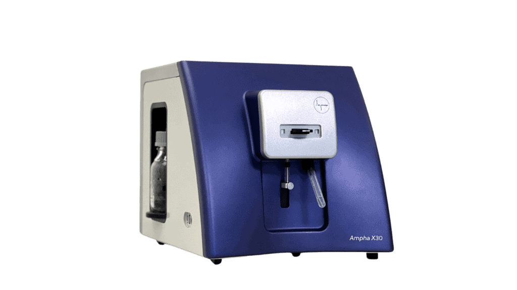 Ampha X30 Gerät in blau, stationärer Analyzer von Amphasys für label-free cell analysis und viability measurement, optimiert für Anwendungen in Bioprocessing und Pollenanalyse.