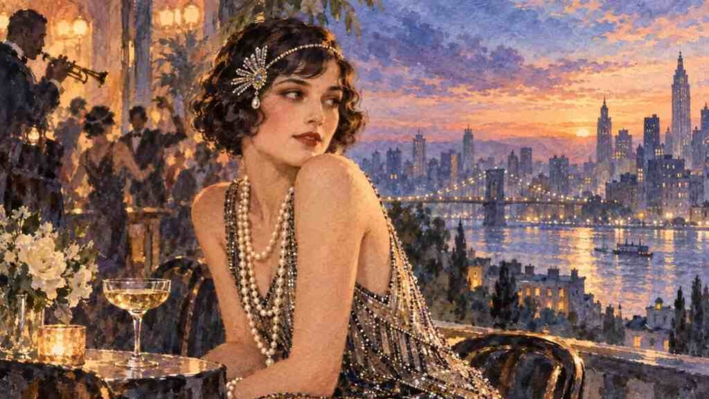 Wanita flapper di pesta 1920-an dengan mutiara panjang, koktel dan teres bandar.