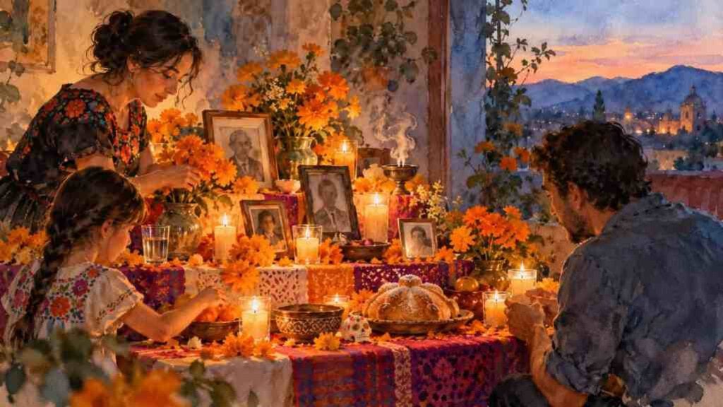 Ilustracija porodice pored ofrende s fotografijama, svijećama, cvijećem i pan de muerto.