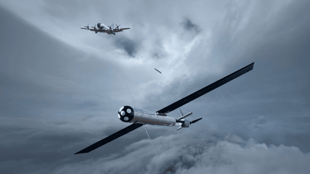 The S0 UAS flies in the eye of a hurricane, in the distance droped from the Hurricane Hunters P-3 Orion.