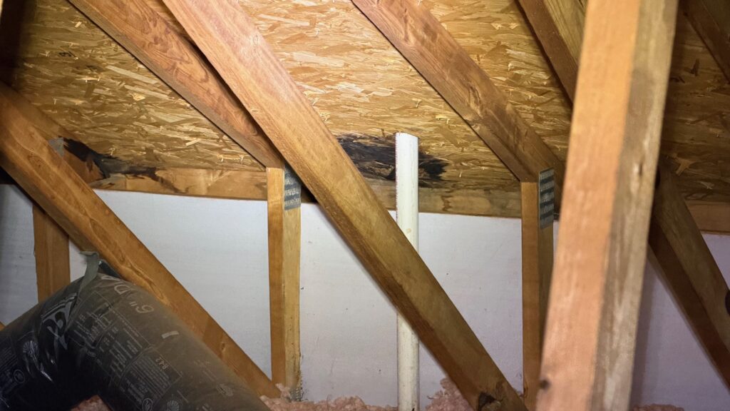 Water-stained roof decking seen from the attic of a Mint Hill, NC home