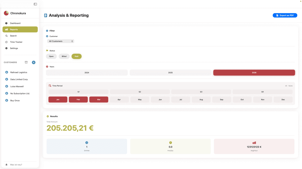 Chronokura Mac app analysis and reporting view showing revenue of 205,205 EUR filtered by client, status, and time period