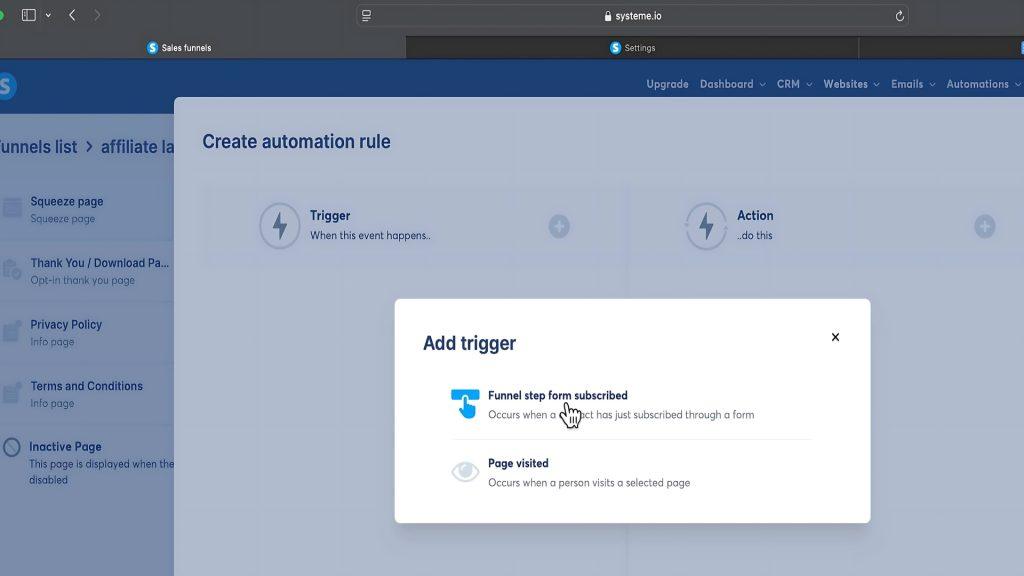 add trigger of the rule in systeme.io