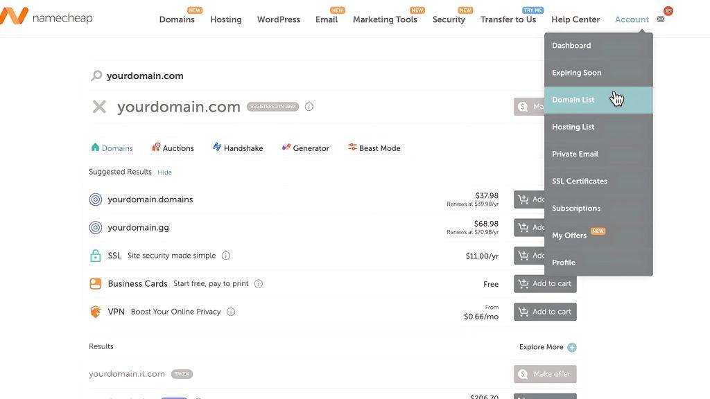 Domain List Namecheap dashboard