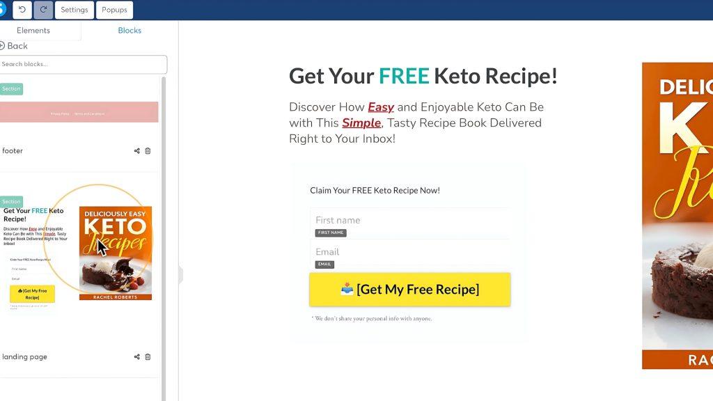 Drag in the Landing Page Block and the Footer Block. systeme.io