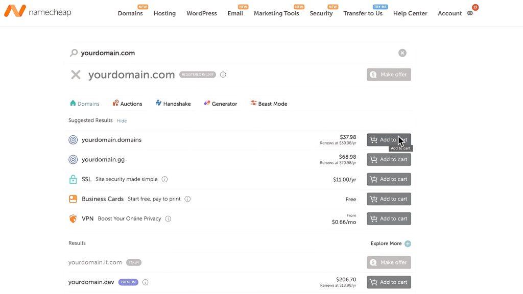namecheap choosing domain to buy