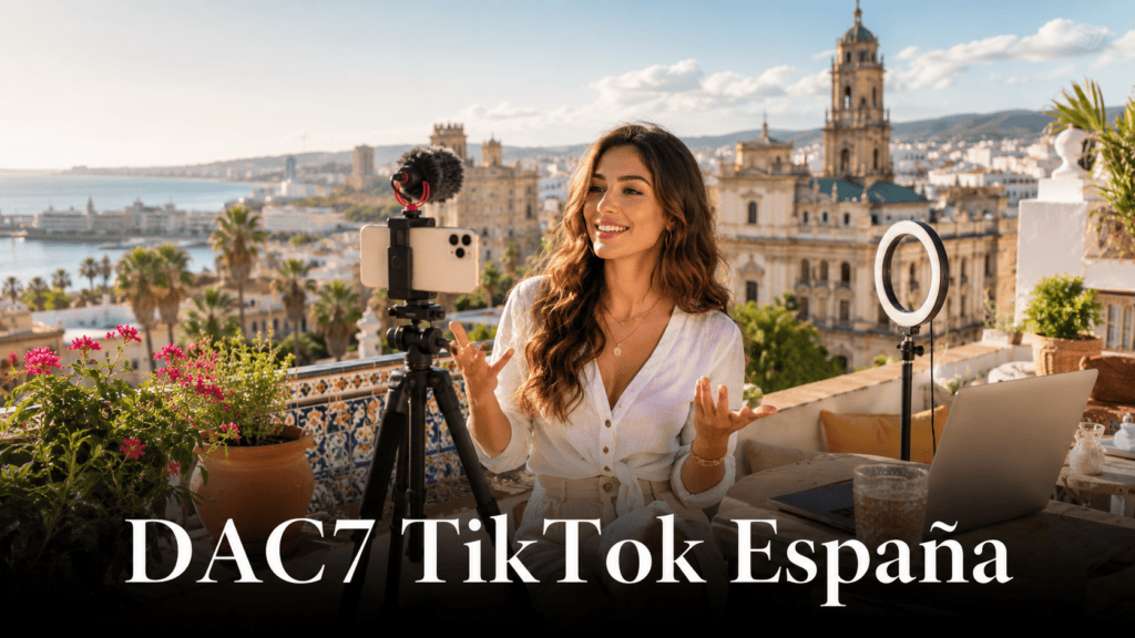 Joven creador de contenido revisando analíticas en su estudio para DAC7 TikTok