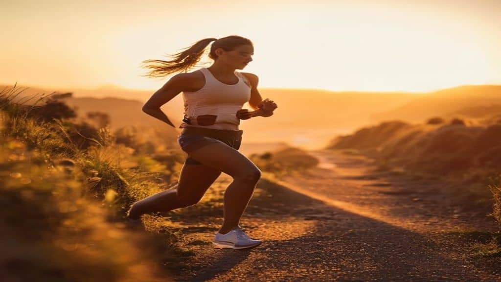 Mulher correndo ao ar livre ajustando relógio inteligente, representando a relação entre Ciclo Menstrual e Corrida: Como Hormônios Afetam Seu Ritmo.