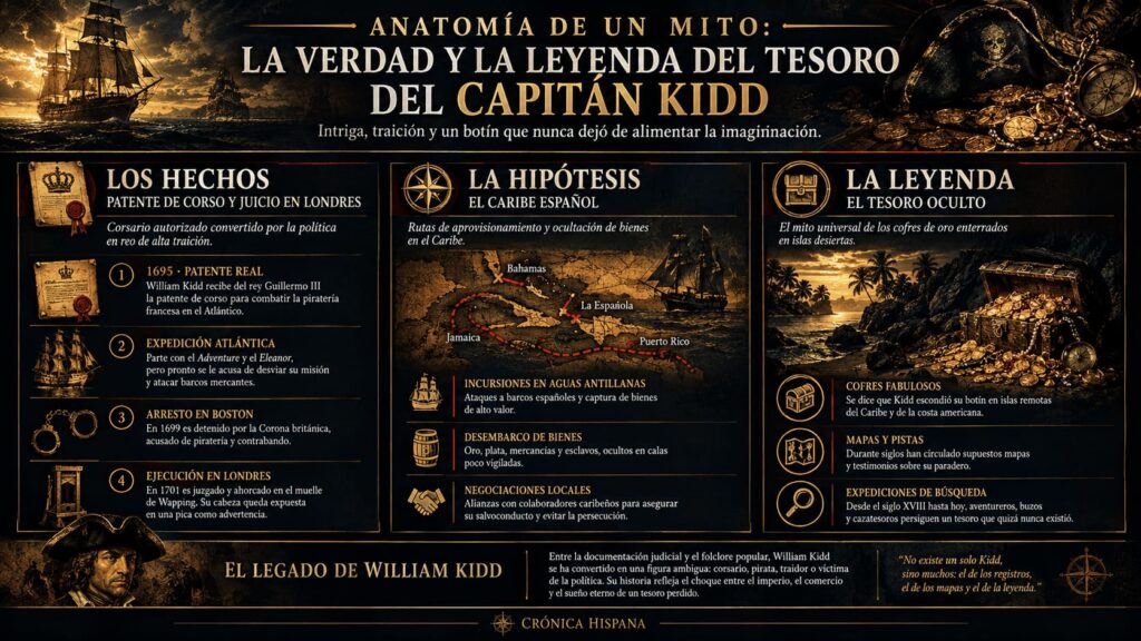 Infografía comparativa sobre el tesoro del capitán Kidd, analizando los hechos judiciales, las hipótesis de sus incursiones y la leyenda del botín oculto.