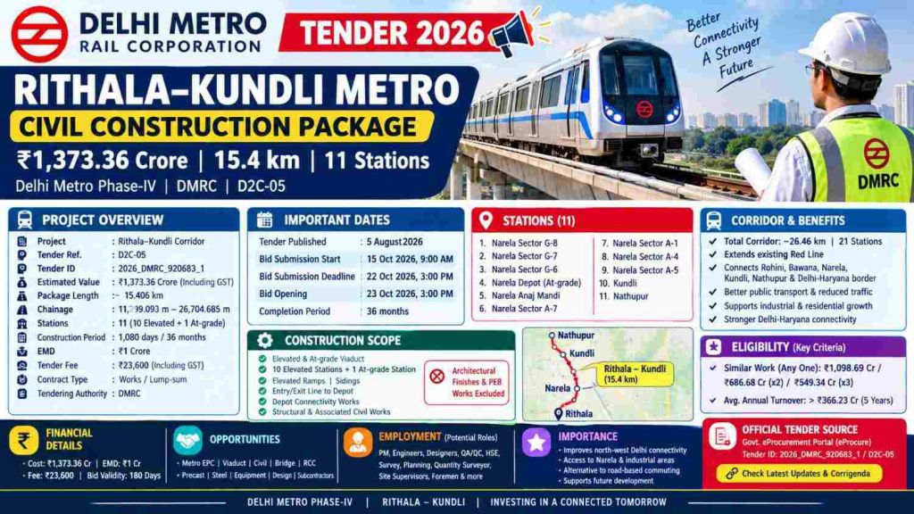 DMRC Rithala–Kundli Metro Tender 2026: ₹1,373 Crore, 15.4 Km & 11 ...