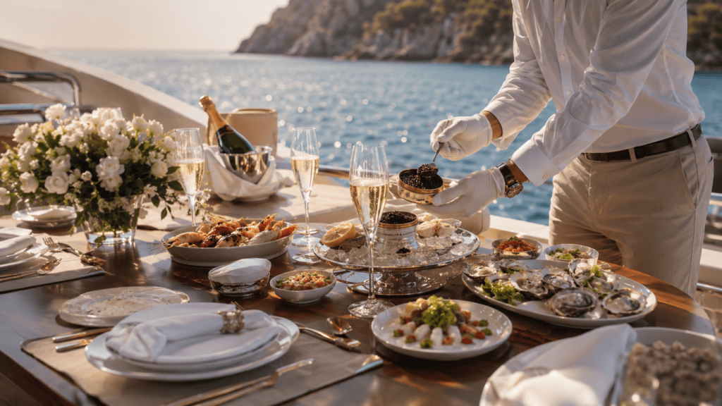 Elegant yacht catering table with Champagne, caviar, seafood and Mediterranean dishes in Mallorca.