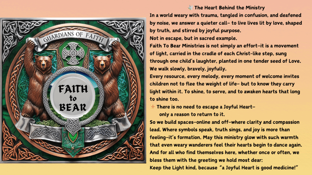 Emblem featuring two bears, Celtic design, and poetic ministry declaration about light, love, and joyful purpose