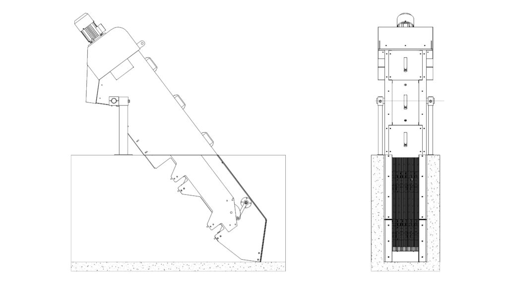 Dibujo técnico del tamiz SK para pretratamiento de aguas residuales, con vista lateral y frontal, mostrando detalles de instalación en canal y componentes del sistema de desbaste.