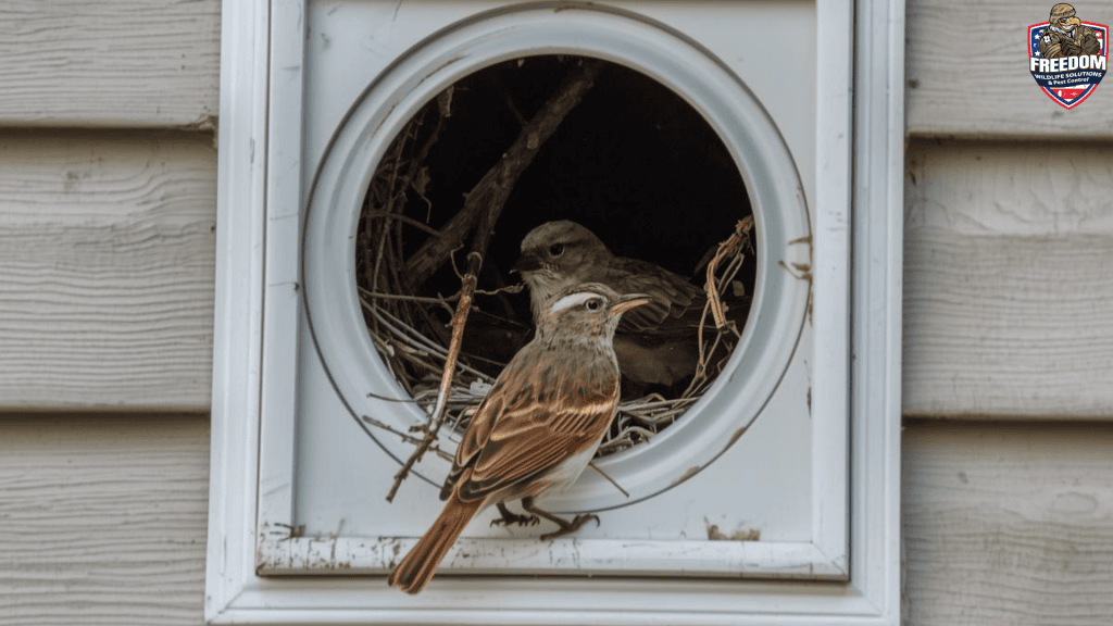 Bird nesting inside a residential dryer vent, a common wildlife issue for homeowners in Knightdale, NC.