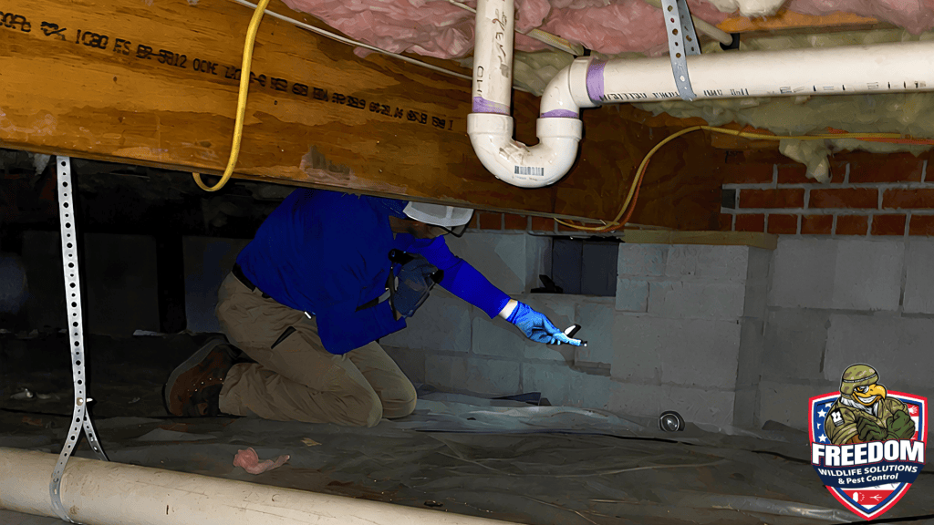 Freedom Wildlife Solutions & Pest Control technician placing rodent trap in Raleigh Crawlspace