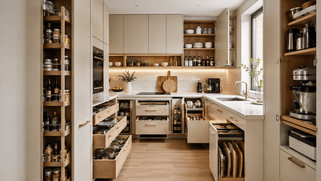 Smart small kitchen storage and organization with pullout drawers and vertical storage