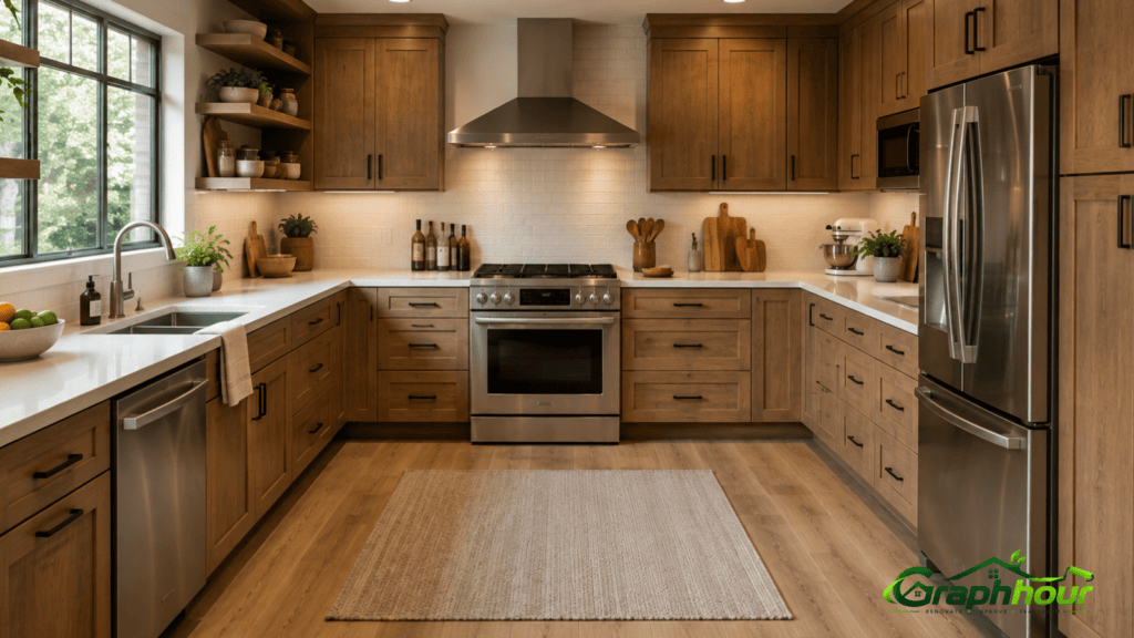 U-shaped kitchen layout with ample countertop and storage space