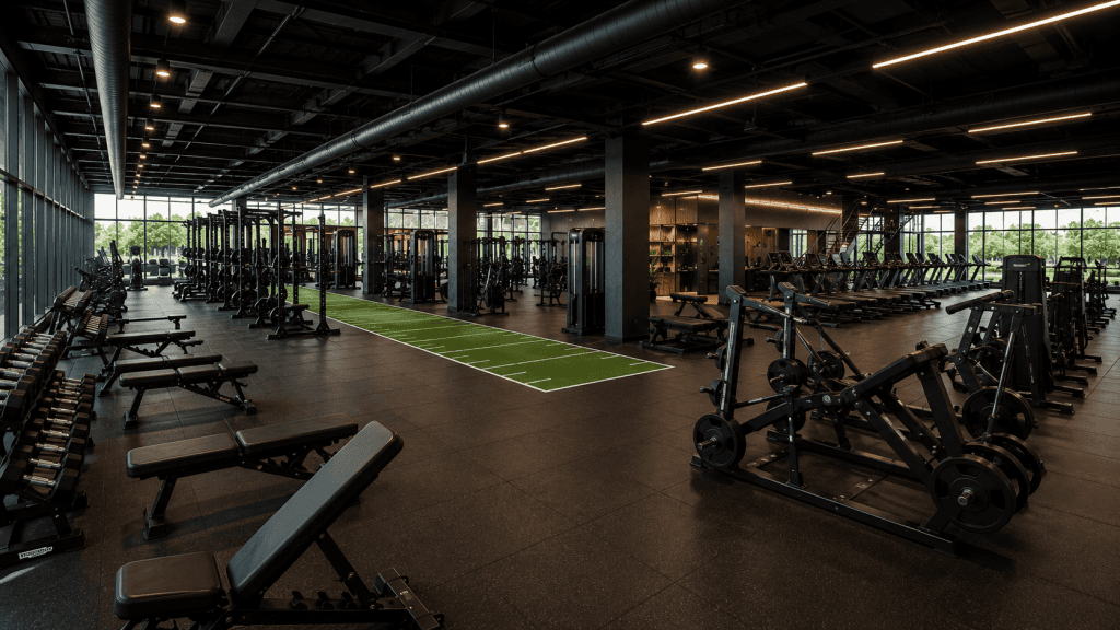Large commercial fitness facility with strength equipment, functional training turf, free weights, and cardio machines, representing Coaching gym expansion loans, gym transition financing, rowing machine financing, weight machine financing, and fitness coaching business loans for gym growth and equipment upgrades.