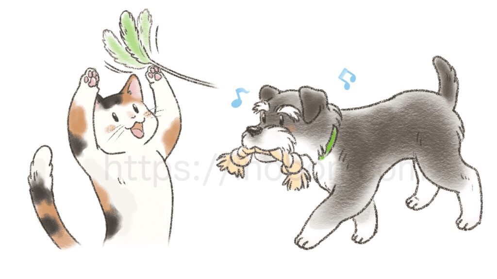 オモチャで遊ぶ猫と犬