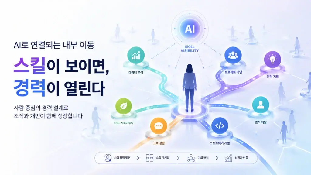AI 내부 이동을 위한 스킬 가시성과 사람 중심 경력 설계를 상징하는 추상적 조직 연결 이미지