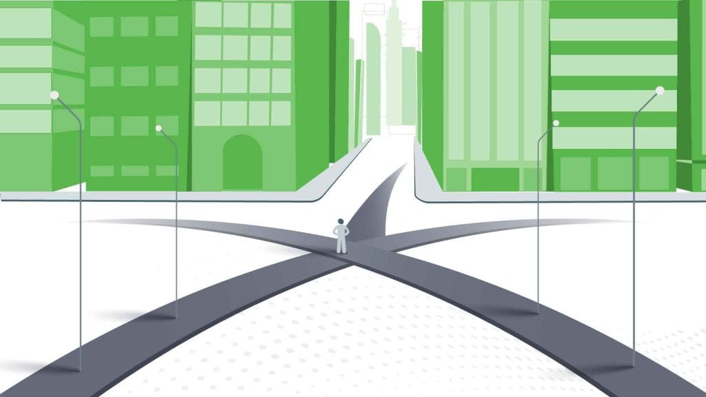 A patient a path with three options in front of a large overwhelming cityscape
