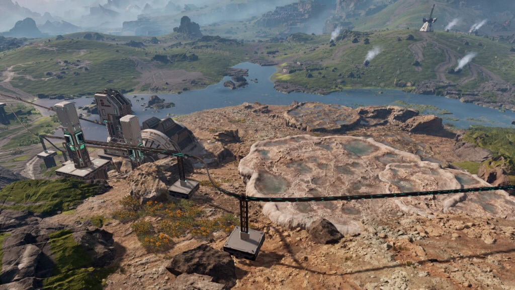 So sieht in StarRupture Calcium aus. Im Bild: drei Vorkommen. Eins mit Abbau-Bagger, zwei ohne.