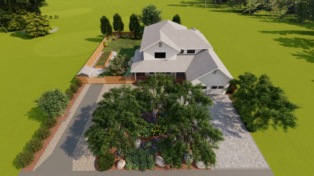 3D aerial landscape design rendering of modern home with front yard landscaping and greenery.