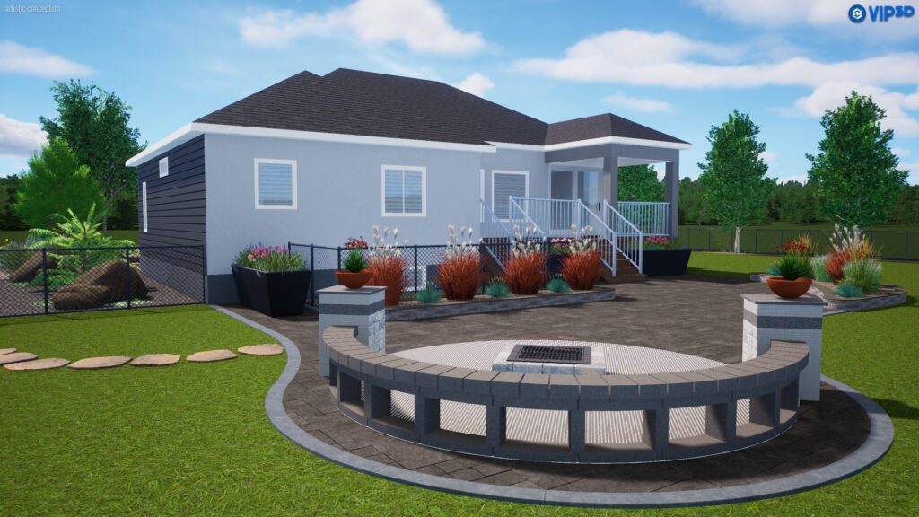 Backyard landscape design with circular stone patio, outdoor seating, and lawn area.