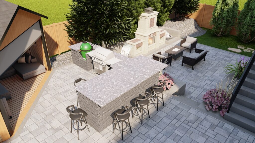 Backyard landscape design with outdoor kitchen, stone patio, and dining area.