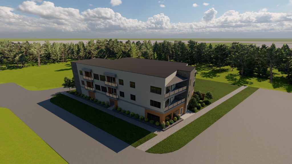 Landscape design rendering for residential complex with green space and driveway.