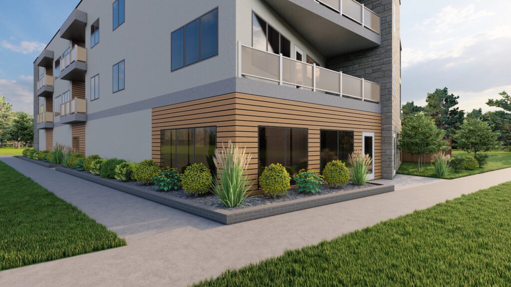 3D exterior landscape design for modern apartment building with walkway and shrubs.