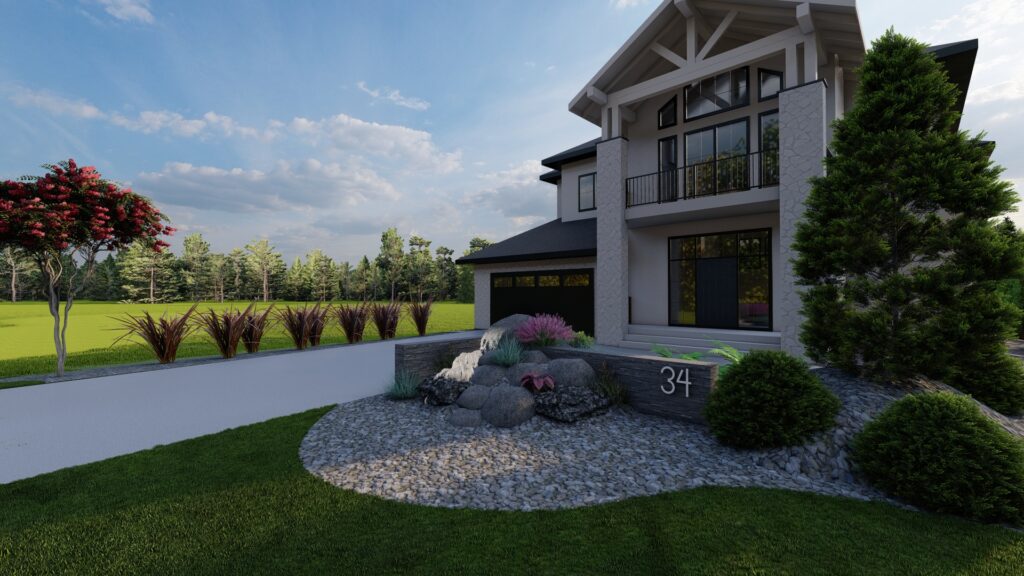 Residential front yard landscape design with decorative rocks, shrubs, and lawn.