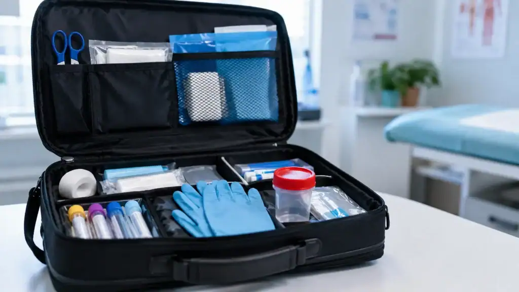 Maletín médico con insumos para examen de orina a domicilio