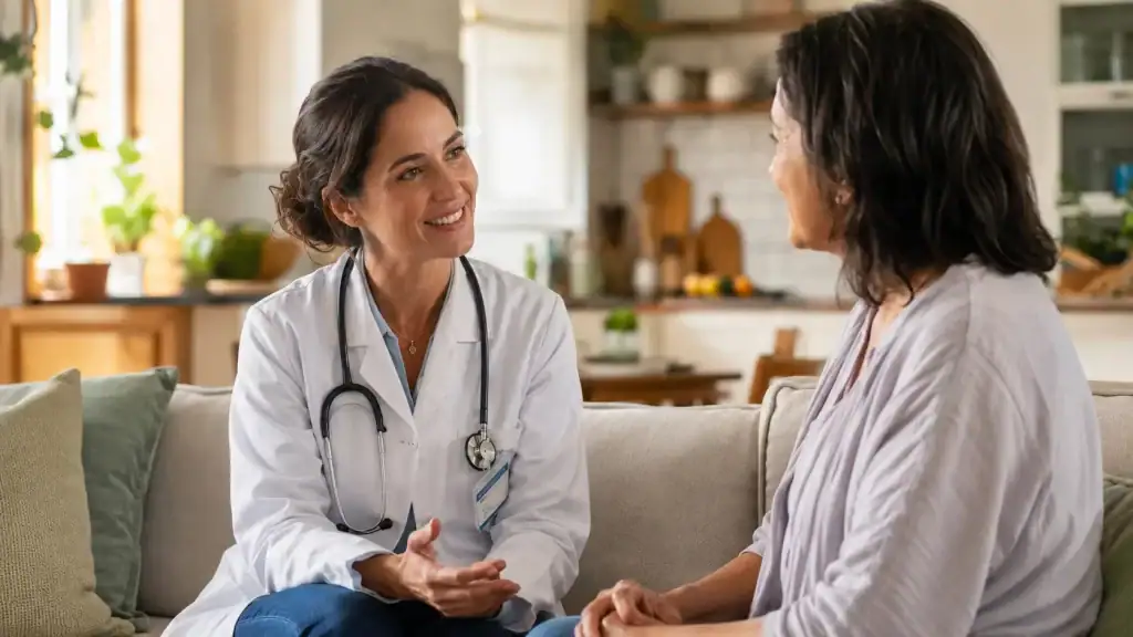 Médica conversando con paciente durante consulta de infección urinaria a domicilio