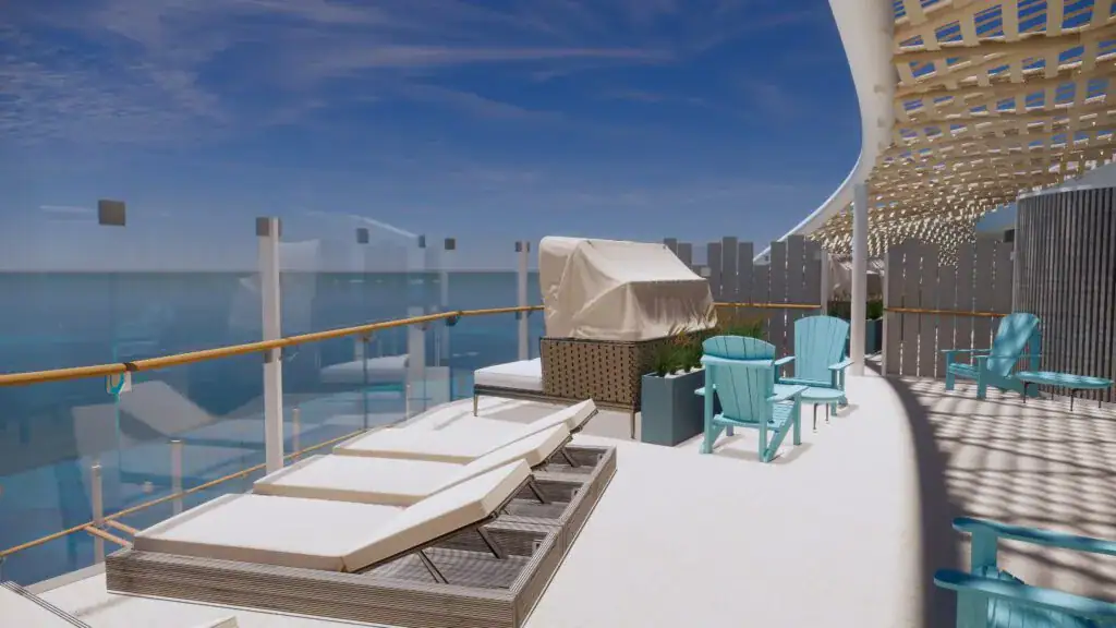 8._schiff_enstspannung_dach-1024x576 - Michis Kreuzfahrten gepflegte terrasse mit liegestühlen und blauen gartenstühlen, blick auf das meer und blauen himmel.