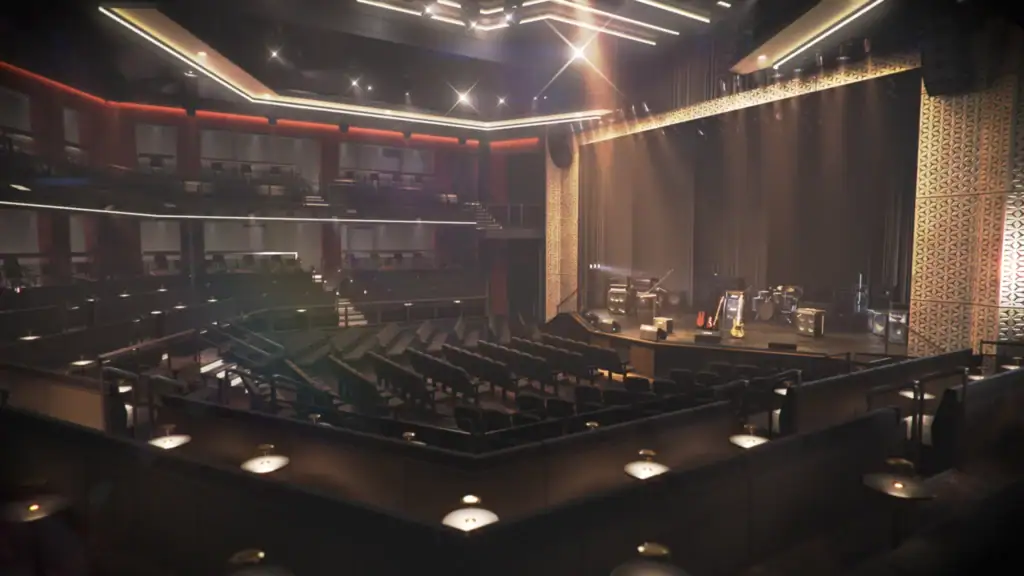 unbenannt - Michis Kreuzfahrten blick auf das innere des neu gestalteten theaters im achten schiff der mein schiff flotte, mit sitzplätzen, einer bühne und modernem beleuchtungsdesign.