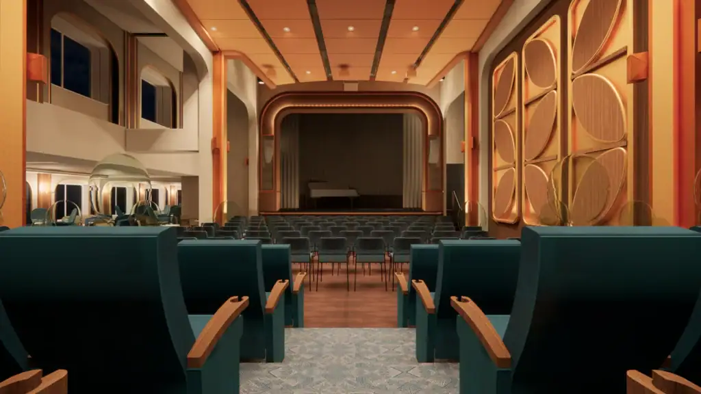 unbenannt-_2_ - Michis Kreuzfahrten innenansicht des theaterraums auf dem achten schiff der mein schiff flotte mit grünen sitzplätzen, einer bühne im hintergrund und dekorativen wänden.