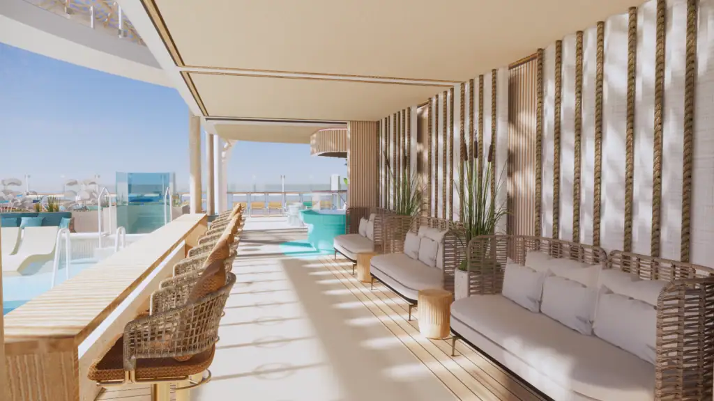 8._schiff_schattendach_entspannung1 - Michis Kreuzfahrten gemütlicher lounge-bereich auf dem deck des kreuzfahrtschiffs mit blick auf den pool und moderne sitzgelegenheiten.