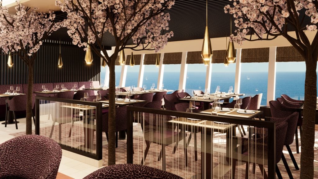 ein modernes restaurant mit kirschblütenbäumen, eleganten lila stühlen und tischen mit besteck. große fenster bieten einen blick auf das meer.