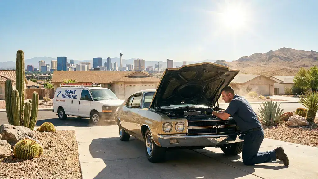 Mobile mechanic inspecting car AC system in Las Vegas heat